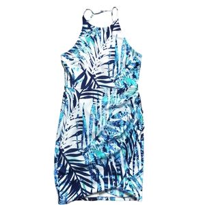 Women's blue white short summer Premier Amour sleeveless faux wrap dress size 10